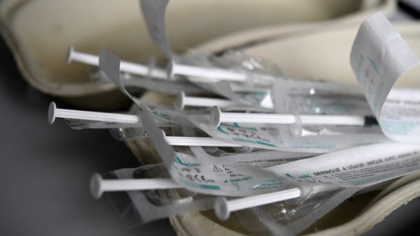 A picture taken on March 12, 2021, at a vaccination center at the UBO (Universite Bretagne Occidentale) in Brest, western France shows syringes filled with the Astra-Zeneca Covid-19 vaccine.  Fred TANNEAU / AFP  Astra-Zeneca Covid-19 vaccine