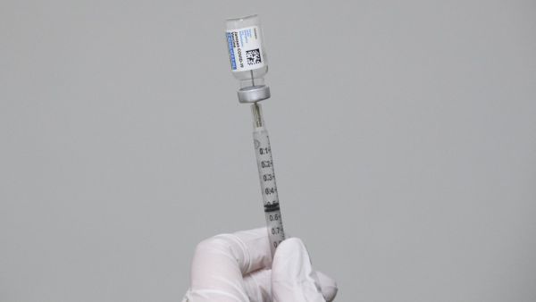 A syringe with a dose of the Johnson & Johnson Janssen Covid-19 vaccine at a vaccination 