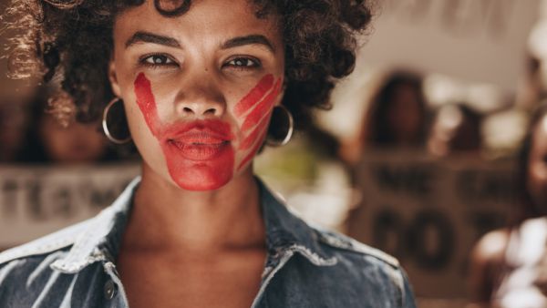 A female activist in red 