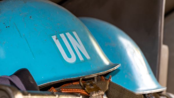 Blue UN helmets waiting for their deployment.