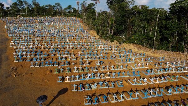 An aerial view of the burial site reserved for victims of the COVID pandemic at the Nossa Senhora Aparecida cemetery in Manaus.