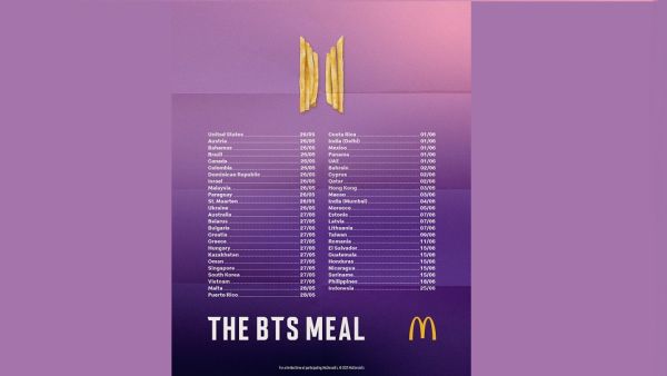 ستتوفر وجبة BTS في مطاعم ماكدونالدز الإمارات المشاركة اعتبارًا من الأول من يونيو ولغاية 28 منه تعاون بين ماكدونالدز وفرقة BTS لتقديم الوجبة المفضلة لأفراد الفرقة حول العالم