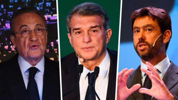 أندريا آنييلي وجوان لابورتا وفلورنتينو بيريز رؤوساء أندية يوفنتوس وبرشلونة وريال مدريد على التوالي