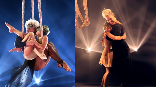 Pink and her 9-year-old daughter showed off their powerful gymnastic skills as they spun in the air in a jaw-dropping performance.