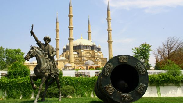 A view from the historical city center of Edirne. Selimiye Mosque, a symbolic cannonball and the monument of Ottoman empire Mehmed II,commonly known as Mehmed The Conqueror.