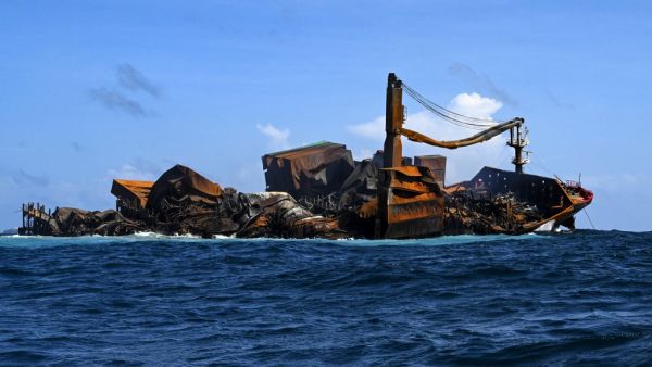 The Singapore-registered container ship MV X-Press Pearl carrying hundreds of tonnes of chemicals and plastics, sinks after burning for almost two weeks, just outside Colombo's harbour 