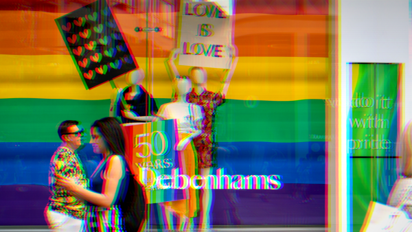 Sign for a 50% sale in a store in London, UK - 2019 (Shutterstock: ndrius Kaziliunas) Pride month sales