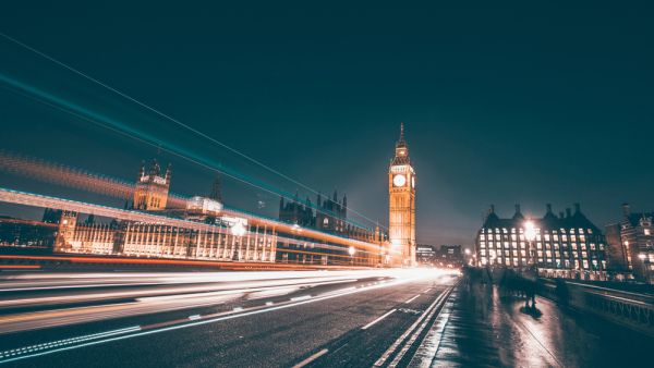 Big Ben and Westminster Bridge with traffic at rush hour, London, United Kingdom