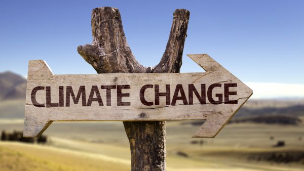 Climate Change wooden sign with a desert background