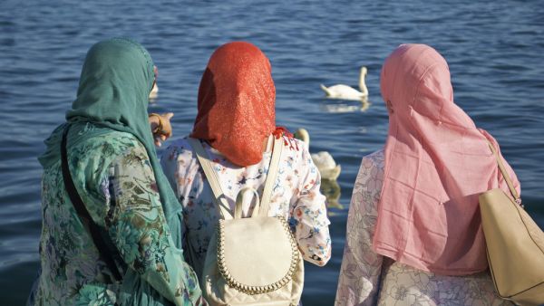 Women By The Lake Looking At Wildlife In The Summer