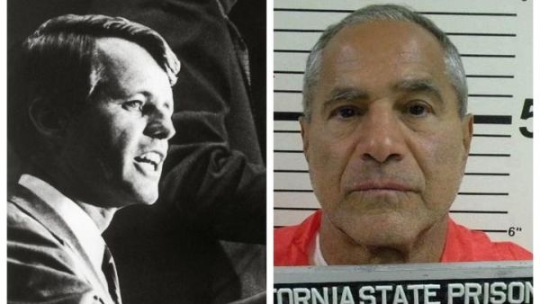Robert Kennedy, left, speaks at a rally in 1960 while Sirhan Sirhan is pictured in a California Corrections Department image from October 2009. Photo: AFP