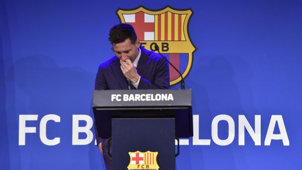 Barcelona's Argentinian forward Lionel Messi cries during a press conference at the Camp Nou stadium in Barcelona on August 8, 2021. The six-time Ballon d'Or winner Messi had been expected to sign a new five-year deal with Barcelona on August 5 but instead, after 788 games, the club announced he is leaving at the age of 34. (Photo: AFP)