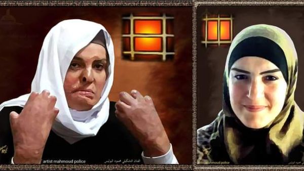 الأسيرة المقدسية الجريحة اسراء جعابيص..  صورتها قبل الاعتقال والأخرى بعد سنوات من التعذيب والإهمال الطبى فى مسالخ سجون الاحتلال الصهيونى..  ( اللوحة بريشة الفنان التشكيلى الفلسطينى محمود البوليس ) 