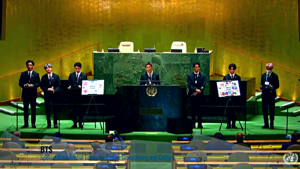 The hugely popular K-Pop delivered a speech on sustainability. (Twitter: @UN) BTS at the UN