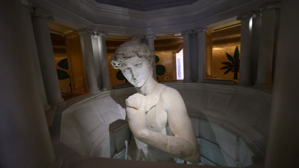 A giant replica of a Roman statue is pictured inside the Italian pavilion at the Expo 2020, in the Gulf Emirate of Dubai, on October 1, 2021. 