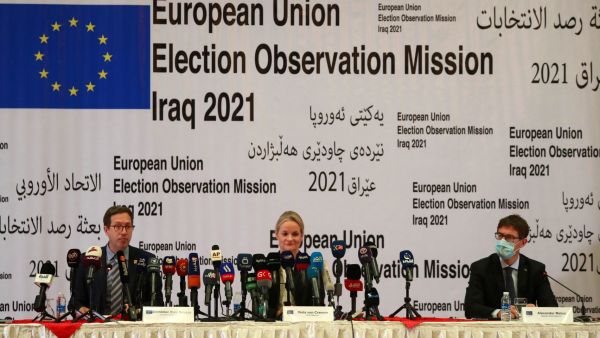 (L to R) Head of the European Parliament’s delegation Domenec Ruiz Devesa, Chief Observer of the European Union Election Observation Mission (EU EOM) to Iraq Viola von Cramon, and deputy chief Alexander Matus hold a press conference in Baghdad's Green Zone on October 12, 2021. (Photo by AHMAD AL-RUBAYE / AFP) Iraqi women secure 97 parliament seats