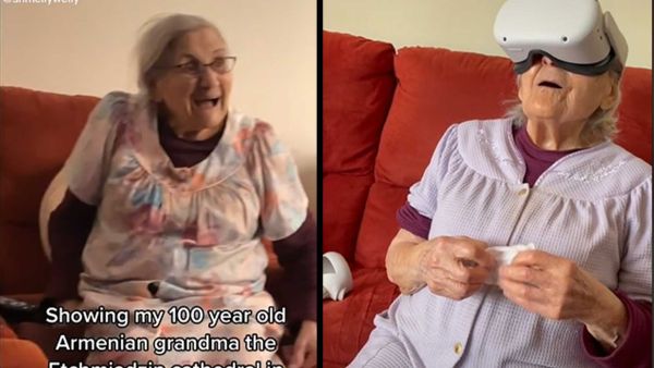 100-year-old grandmother using a VR headset to explore her childhood cathedral