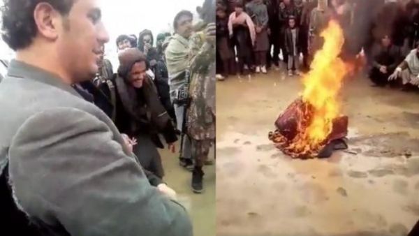 طالبان تحرق آلات موسيقية في ساحة عامة