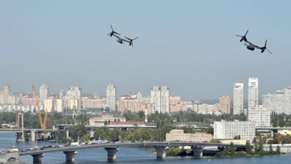 US airforce over the skyline of Kiev 