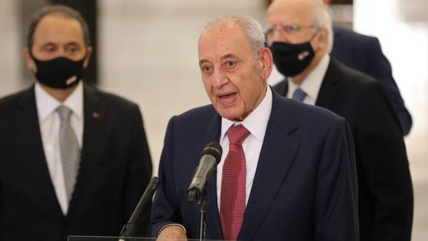 Lebanon's Parliament Speaker Nabih Berri (R) makes a statement after the president named the former prime minister to form a new cabinet, at the presidential palace in Baabda, east of the capital Beirut, on October 22, 2020. AFP / ANWAR AMRO Lebanon's Parliament Speaker