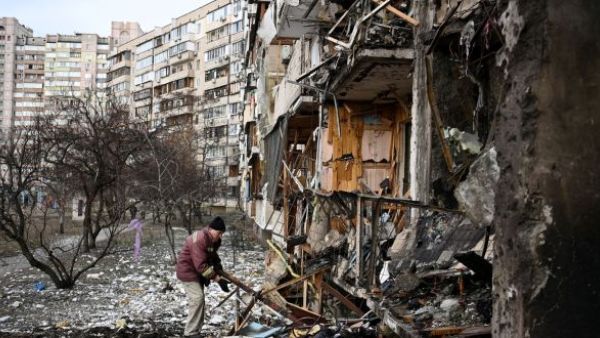A damaged residential building at Koshytsa Street, a suburb of Kyiv. Photograph: Daniel Leal/AFP via Getty