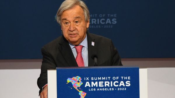 Secretary-General of the United Nations Antonio Guterres speaks during a plenary session during the 9th Summit of the Americas in Los Angeles, California, June 9, 2022. (Photo by Patrick T. FALLON / AFP) UN Secretary-General