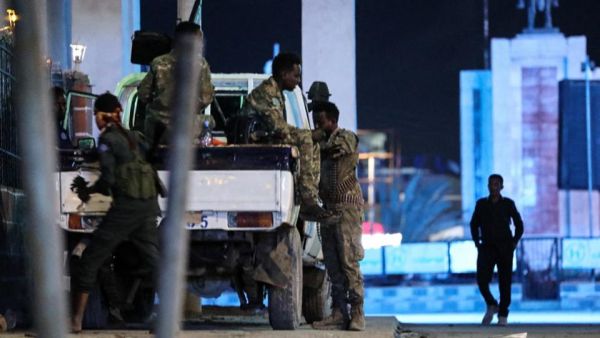 Security forces patrol near the Hayat Hotel Mogadishu