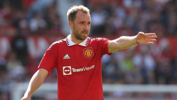 Manchester United's Danish midfielder Christian Eriksen gestures during a pre-season club friendly football match between Manchester United and Rayo Vallecano at Old Trafford in Manchester, north west England, on July 31, 2022. (Photo by Nigel Roddis / AFP)