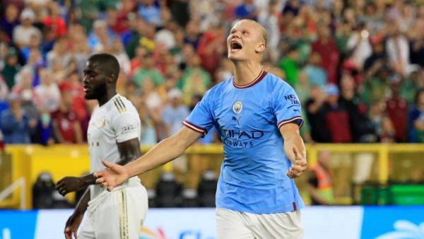 Erling Haaland of Manchester City reacts during the pre-season friendly match between Bayern Munich and Manchester City at Lambeau Field on July 23, 2022 in Green Bay, Wisconsin. Justin Casterline/Getty Images/AFP (Photo by Justin Casterline / GETTY IMAGES NORTH AMERICA / Getty Images via AFP)