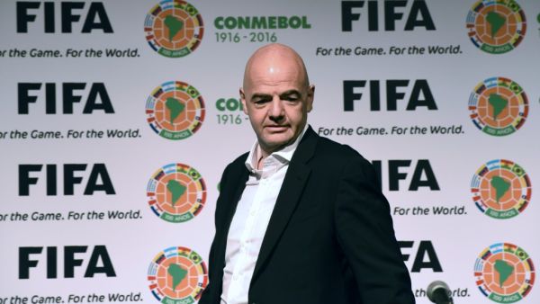 FIFA President, Swiss Gianni Infantino, arrives for a press conference at the Conmebol headquarters in Luque, Paraguay on March 28, 2016. Infantino will start a South American tour that will take him to Uruguay, Bolivia and Colombia. AFP PHOTO/ NORBERTO DUARTE (Photo by NORBERTO DUARTE / AFP)