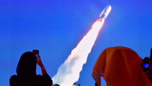  Screen broadcasting the launch of the 'Hope' Mars probe at the Mohammed Bin Rashid Space Centre in Dubai 