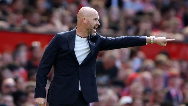Manchester United's Dutch manager Erik ten Hag gestures on the touchline during a pre-season club friendly football match between Manchester United and Rayo Vallecano at Old Trafford in Manchester, north west England, on July 31, 2022. (Photo by Nigel Roddis / AFP)