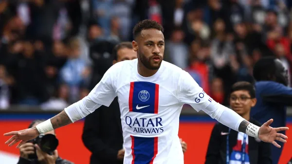 Paris Saint-Germain's Brazilian forward Neymar reacts after scoring the 1-0 goal during the French L1 football match between Paris Saint-Germain (PSG) and Stade Brestois 29 (Brest) at the Parc des Princes Stadium in Paris on September 10, 2022. (Photo by FRANCK FIFE / AFP)