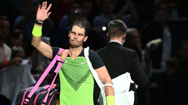 Spain's Rafael Nadal waves as he leaves the court after losing at the end of the men's singles round of 16 tennis match between US' Paul Tommy and Spain's Rafael Nadal on day three of the ATP World Tour Masters 1000 - Paris Masters (Paris Bercy) - indoor tennis tournament at The AccorHotels Arena in Paris on November 2, 2022. (Photo by Christophe ARCHAMBAULT / AFP)