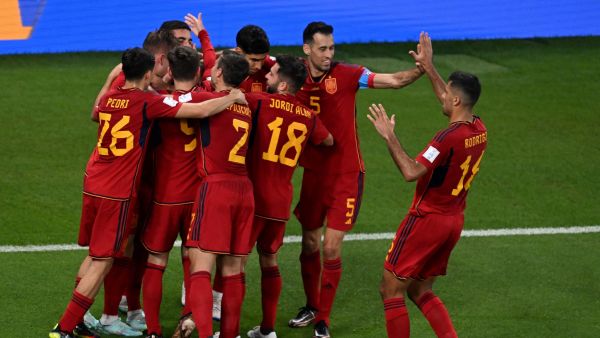 Spain's forward #11 Ferran Torres (unseen) celebrates scoring his team's third goal from the penalty spot during the Qatar 2022 World Cup Group E football match between Spain and Costa Rica at the Al-Thumama Stadium in Doha on November 23, 2022. (Photo by Kirill KUDRYAVTSEV / AFP)