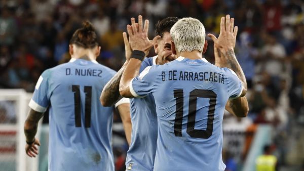 Uruguay's midfielder #10 Giorgian de Arrascaeta celebrates scoring the second goal during the Qatar 2022 World Cup Group H football match between Ghana and Uruguay at the Al-Janoub Stadium in Al-Wakrah, south of Doha on December 2, 2022. (Photo by Khaled DESOUKI / AFP)