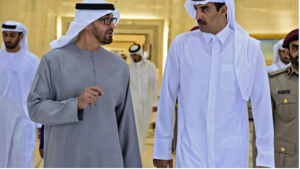 Qatar's Emir Sheikh Tamim bin Hamad Al-Thani (R) meeting with Emirati President Sheikh Mohamed bin Zayed al-Nahyan in Doha.