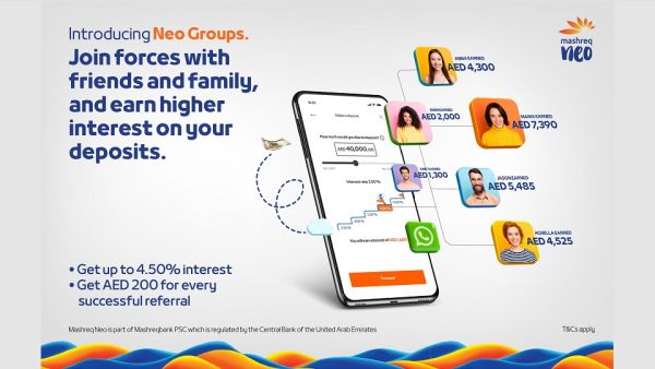 يتيح مجموعات نيو "Neo Groups"، الذي يسهل إنشاؤه باستخدام تطبيقات المشرق المصرفية عبر الهاتف المحمول المشرق يعزز بعده الاجتماعي مع إطلاق مجموعات نيو "Neo Groups"