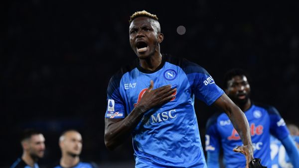 Napoli's Nigerian forward Victor Osimhen celebrates after Napoli opened the scoring during the Italian Serie A football match between Napoli and Atalanta on March 11, 2023 at the Diego-Maradona stadium in Naples. (Photo by Filippo MONTEFORTE / AFP)