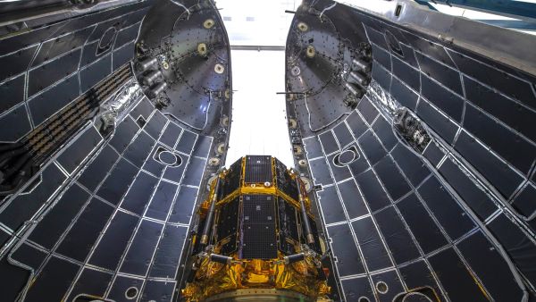 This undated handout photo released by Japanese firm ispace on April 25, 2023 shows the Hakuto-R Mission 1 lander stored in the fairing of SpaceX's Falcon 9 rocket at an unknown location. Japanese space start-up ispace will attempt on April 25, 2023 to become the first private company to put a lander on the Moon. (Photo by Handout / ispace / AFP)