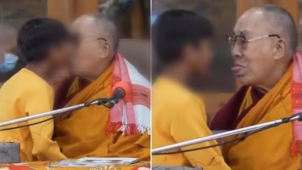 Dalai Lama kissing a boy on his mouth and then asked him to suck his tongue. (Screenshot/Video/ Twitter) Dalai Lama