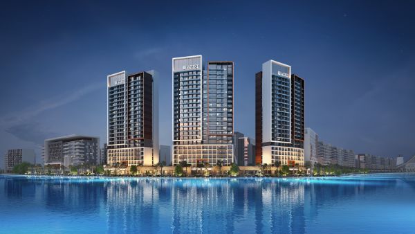 Riviera Lagoon Night Shot. Azizi Developments partners with German manufacturer PERI