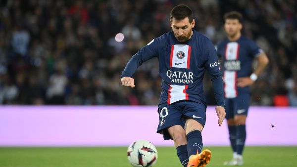 Paris Saint-Germain's Argentine forward Lionel Messi kicks a free kick during the French L1 football match between Paris Saint-Germain (PSG) and Ajaccio at the Parc des Princes in Paris, on May 13, 2023. (Photo by FRANCK FIFE / AFP)