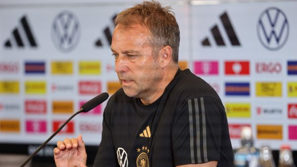 Germany's coach Hans-Dieter Flick addresses journalists during a press conference in Frankfurt am Main, western Germany, on June 11, 2023, on the eve of the friendly football match between Germany and Ukraine to be played in Bremen, northern Germany. (Photo by Daniel ROLAND / AFP)