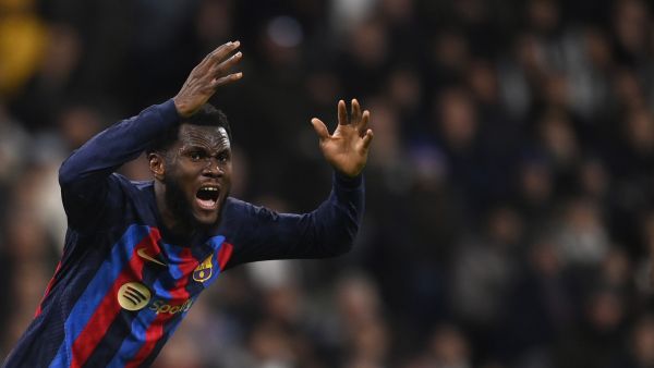 Barcelona's Ivorian midfielder Franck Kessie reacts during the Copa del Rey (King's Cup) semi final first leg football match between Real Madrid CF and FC Barcelona at the Santiago Bernabeu stadium in Madrid on March 2, 2023. (Photo by OSCAR DEL POZO / AFP)