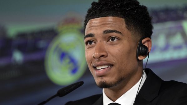 English midfielder Jude Bellingham gives a press conference during his presentation as new player of Real Madrid, in Madrid on June 15, 2023. (Photo by JAVIER SORIANO / AFP)
