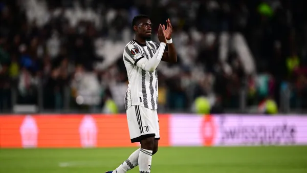 Juventus' French midfielder Paul Pogba acknowledges the public at the end of the UEFA Europa League semi-final first leg football match between Juventus and Sevilla on May 11, 2023 at the Juventus stadium in Turin. (Photo by Marco BERTORELLO / AFP)