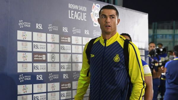 Nassr's Portuguese forward Cristiano Ronaldo arrives ahead of the Saudi Pro League football match between Al-Nassr and Al-Ettifaq at the Prince Mohammed Bin Fahd Stadium in Dammam on May 27, 2023. (Photo by AFP)