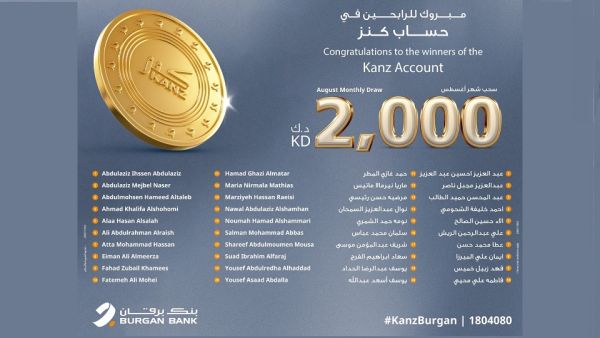 Kanz Monthly Draw, August 2023 Burgan Bank Announces the Names of the Monthly Draw Winners of Kanz Account
