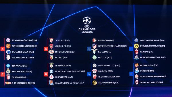 This photograph taken on August 31, 2023 shows a screen displaying the fixtures for the group stage of the UEFA Champions League football cup after the draw for the 2023/2024 UEFA Champions League football tournament at The Grimaldi Forum in the Principality of Monaco. (Photo by NICOLAS TUCAT / AFP)